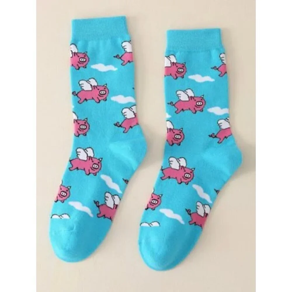 1pair Women's Fashionable Mid-calf Socks Cartoon Pig Pattern Crew Socks